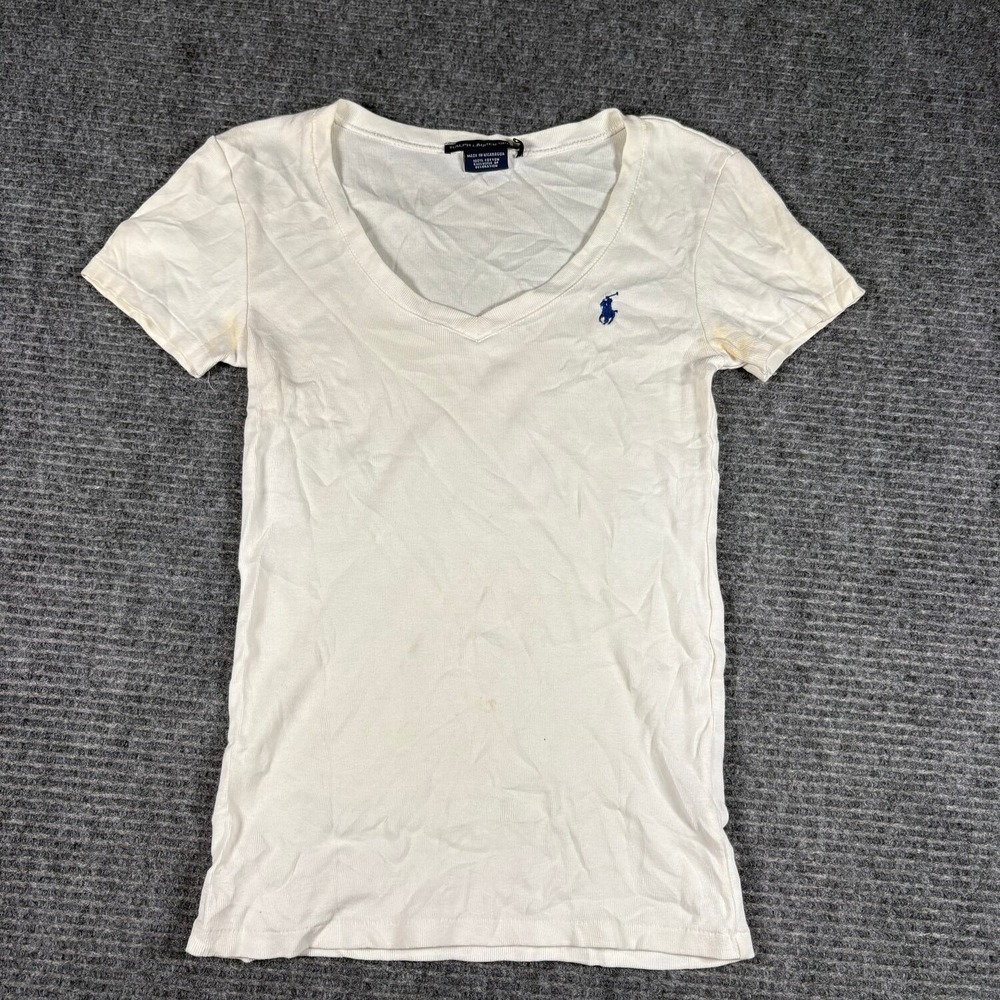 Ralph Lauren Sport V-Neck T-Shirt Womens S White Fair Cotton Blue Pony Logo
